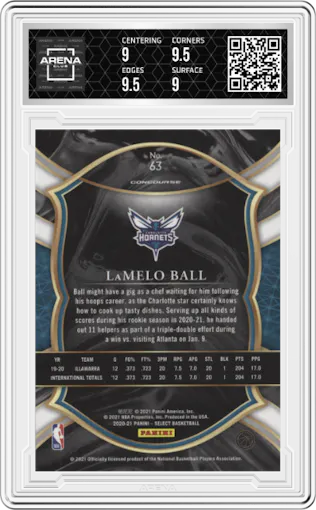 LaMelo Ball from the 2020-21 Panini Select  set featuring a Blue Retail parallel graded by Arena Club and given an overall grade of 9.5.