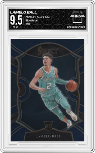 LaMelo Ball from the 2020-21 Panini Select  set featuring a Blue Retail parallel graded by Arena Club and given an overall grade of 9.5.