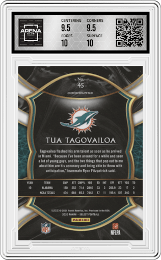 Tua Tagovailoa from the 2020 Panini Select set graded by Arena Club and given an overall grade of 10.