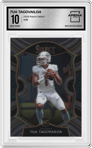 Tua Tagovailoa from the 2020 Panini Select set graded by Arena Club and given an overall grade of 10.