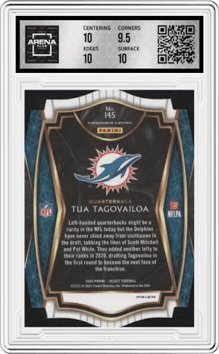 Tua Tagovailoa from the 2020 Panini Select set featuring a Die-Cut Red parallel graded by Arena Club and given an overall grade of 10.