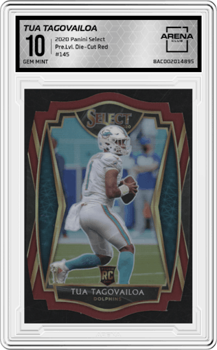 Tua Tagovailoa from the 2020 Panini Select set featuring a Die-Cut Red parallel graded by Arena Club and given an overall grade of 10.