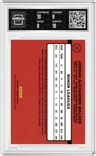 Jordan Walker from the 2023 Panini Donruss set featuring a Purple Holo parallel graded by Arena Club and given an overall grade of 8.5.