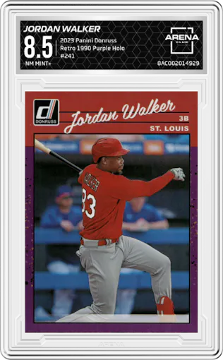 Jordan Walker from the 2023 Panini Donruss set featuring a Purple Holo parallel graded by Arena Club and given an overall grade of 8.5.