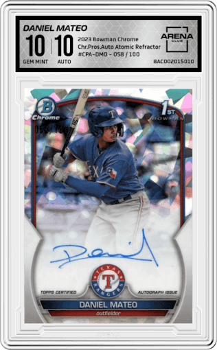 Daniel Mateo from the 2023 Bowman Chrome set featuring a Atomic Refractor parallel graded by Arena Club and given an overall grade of 10.
