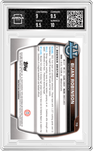 Bijan Robinson from the 2022 Bowman University Chrome set graded by Arena Club and given an overall grade of 9.5.