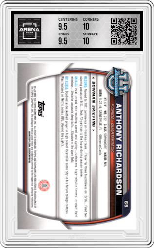 Anthony Richardson from the 2022 Bowman University Chrome set graded by Arena Club and given an overall grade of 10.