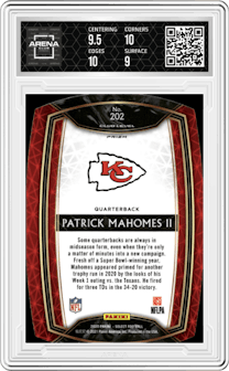 Patrick Mahomes II from the 2020 Panini Select set featuring a Die-Cut Red parallel graded by Arena Club and given an overall grade of 9.5.