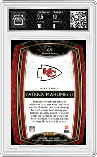 Patrick Mahomes II from the 2020 Panini Select set featuring a Die-Cut Red parallel graded by Arena Club and given an overall grade of 9.5.