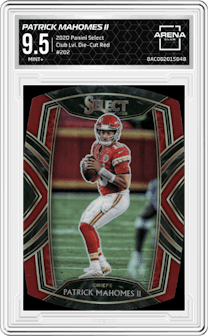 Patrick Mahomes II from the 2020 Panini Select set featuring a Die-Cut Red parallel graded by Arena Club and given an overall grade of 9.5.