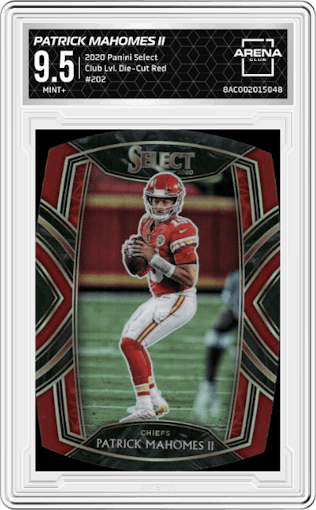 Patrick Mahomes II from the 2020 Panini Select set featuring a Die-Cut Red parallel graded by Arena Club and given an overall grade of 9.5.
