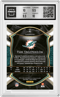Tua Tagovailoa from the 2020 Panini Select set graded by Arena Club and given an overall grade of 10.