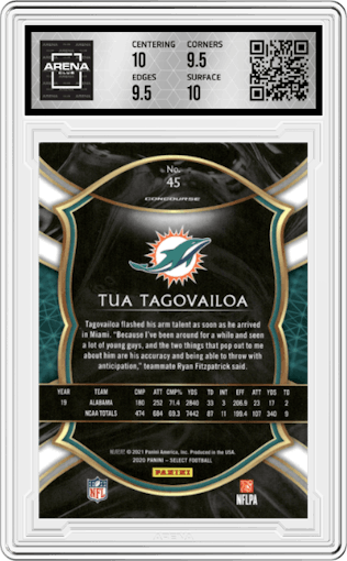 Tua Tagovailoa from the 2020 Panini Select set graded by Arena Club and given an overall grade of 10.