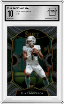 Tua Tagovailoa from the 2020 Panini Select set graded by Arena Club and given an overall grade of 10.