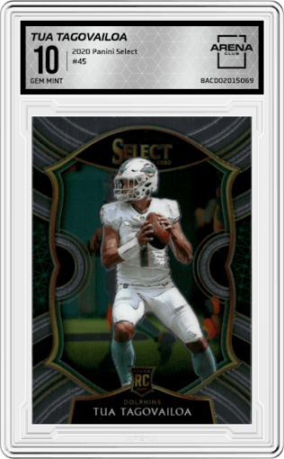 Tua Tagovailoa from the 2020 Panini Select set graded by Arena Club and given an overall grade of 10.