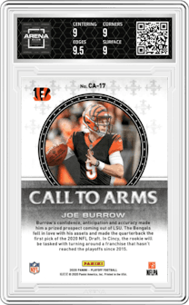 Joe Burrow from the 2020 Panini Playoff set graded by Arena Club and given an overall grade of 9.