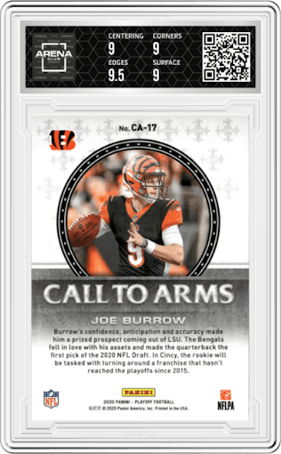 Joe Burrow from the 2020 Panini Playoff set graded by Arena Club and given an overall grade of 9.