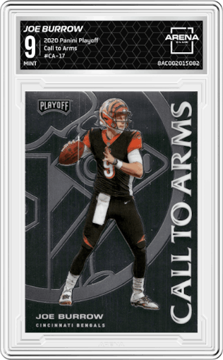 Joe Burrow from the 2020 Panini Playoff set graded by Arena Club and given an overall grade of 9.