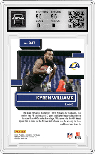 Kyren Williams from the 2022 Panini Donruss set graded by Arena Club and given an overall grade of 10.
