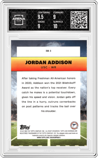 Jordan Addison from the 2022 Bowman University Chrome set graded by Arena Club and given an overall grade of 9.5.
