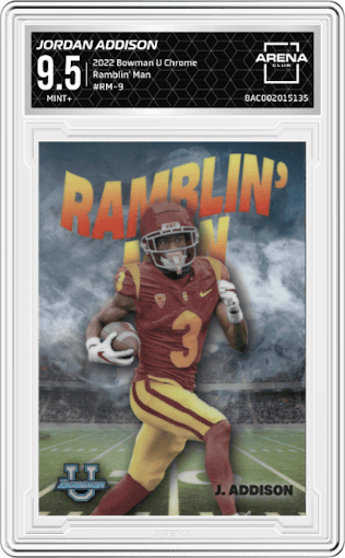 Jordan Addison from the 2022 Bowman University Chrome set graded by Arena Club and given an overall grade of 9.5.