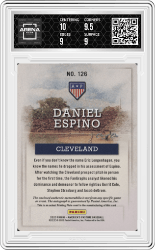 Daniel Espino from the 2023 Panini Chronicles set featuring a Printing Plate parallel graded by Arena Club and given an overall grade of 9.5.
