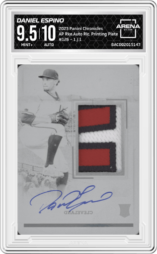 Daniel Espino from the 2023 Panini Chronicles set featuring a Printing Plate parallel graded by Arena Club and given an overall grade of 9.5.