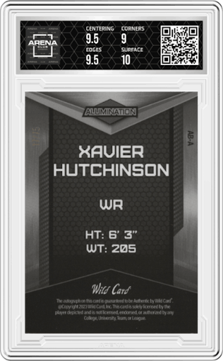 Xavier Hutchinson from the 2023 Wild Card Alumination set featuring a Orange Crystal Holo parallel graded by Arena Club and given an overall grade of 9.5.