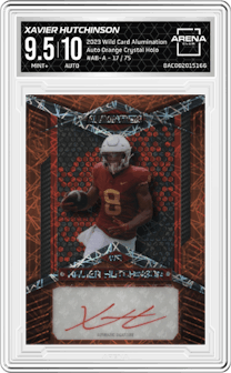 Xavier Hutchinson from the 2023 Wild Card Alumination set featuring a Orange Crystal Holo parallel graded by Arena Club and given an overall grade of 9.5.