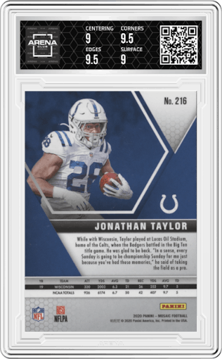 Jonathan Taylor from the 2020 Panini Mosaic set graded by Arena Club and given an overall grade of 9.5.