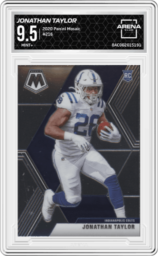 Jonathan Taylor from the 2020 Panini Mosaic set graded by Arena Club and given an overall grade of 9.5.