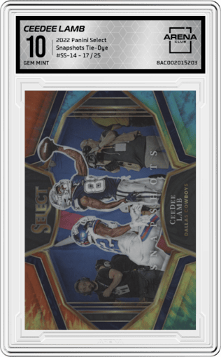 CeeDee Lamb  from the 2022 Panini Select set featuring a Tie-Dye parallel graded by Arena Club and given an overall grade of 10.