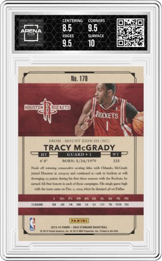 Tracy McGrady from the 2015-16 Panini Gold Standard set graded by Arena Club and given an overall grade of 9.