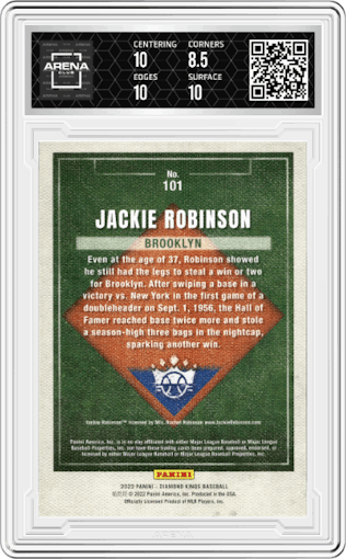 Jackie Robinson from the 2022 Panini Diamond Kings set graded by Arena Club and given an overall grade of 9.