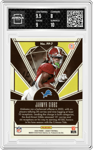 Jahmyr Gibbs from the 2023 Panini Legacy set featuring a Orange parallel graded by Arena Club and given an overall grade of 8.5.