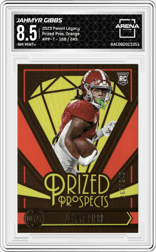 Jahmyr Gibbs from the 2023 Panini Legacy set featuring a Orange parallel graded by Arena Club and given an overall grade of 8.5.