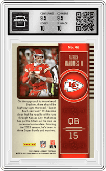 Patrick Mahomes II from the 2023 Panini Legacy set graded by Arena Club and given an overall grade of 10.