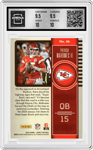 Patrick Mahomes II from the 2023 Panini Legacy set graded by Arena Club and given an overall grade of 10.