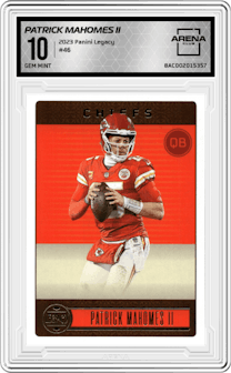 Patrick Mahomes II from the 2023 Panini Legacy set graded by Arena Club and given an overall grade of 10.