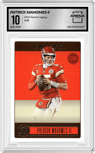 Patrick Mahomes II from the 2023 Panini Legacy set graded by Arena Club and given an overall grade of 10.
