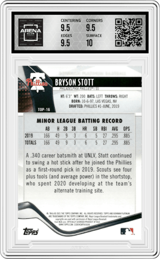 Bryson Stott from the 2021 Bowman Platinum set featuring a Green Icy Foil parallel graded by Arena Club and given an overall grade of 10.