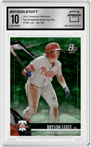 Bryson Stott from the 2021 Bowman Platinum set featuring a Green Icy Foil parallel graded by Arena Club and given an overall grade of 10.