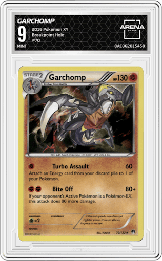 Garchomp from the 2016 Pokemon XY set graded by Arena Club and given an overall grade of 9.