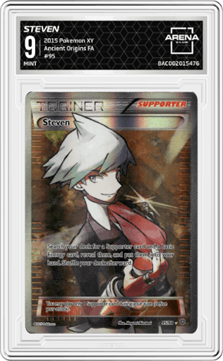 Steven from the 2015 Pokemon XY set graded by Arena Club and given an overall grade of 9.