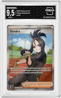 Dendra from the 2023 Pokemon SV set graded by Arena Club and given an overall grade of 9.5.