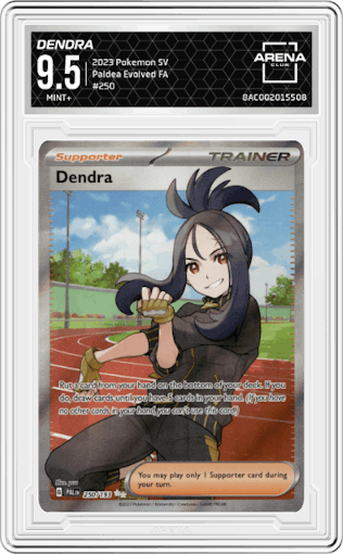 Dendra from the 2023 Pokemon SV set graded by Arena Club and given an overall grade of 9.5.