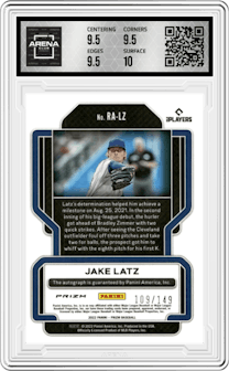 Jake Latz from the 2022 Panini Prizm set featuring a Blue Prizm parallel graded by Arena Club and given an overall grade of 10.