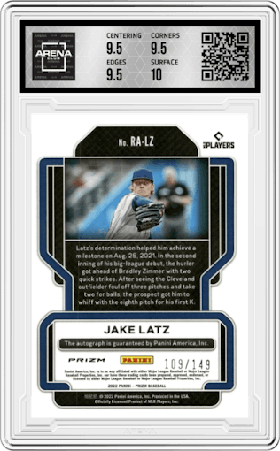 Jake Latz from the 2022 Panini Prizm set featuring a Blue Prizm parallel graded by Arena Club and given an overall grade of 10.