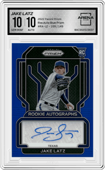 Jake Latz from the 2022 Panini Prizm set featuring a Blue Prizm parallel graded by Arena Club and given an overall grade of 10.