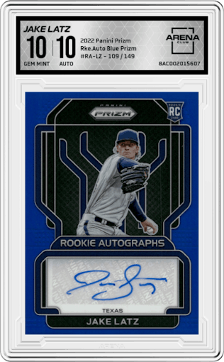 Jake Latz from the 2022 Panini Prizm set featuring a Blue Prizm parallel graded by Arena Club and given an overall grade of 10.